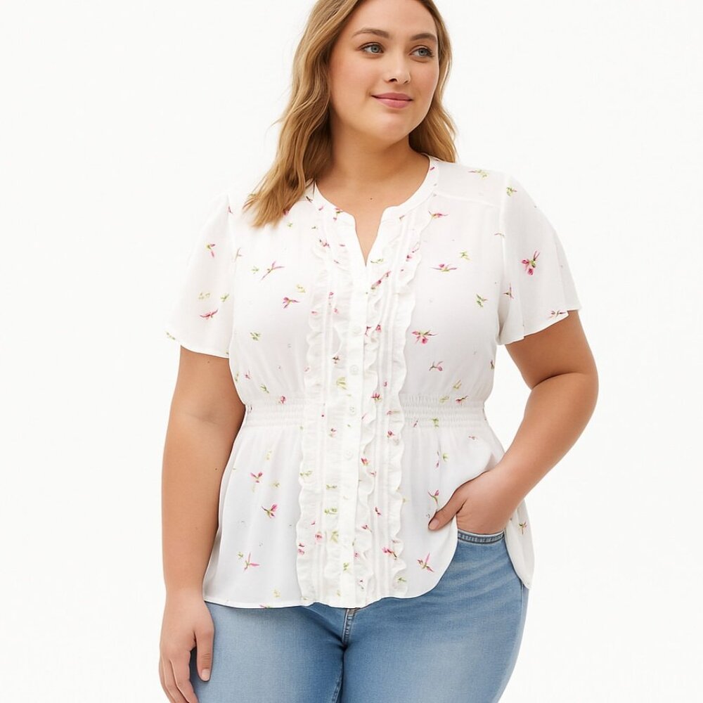 Torrid Sheer Button-Front Ruffle Blouse White Hummingbird Print Plus Size 2 (2X)